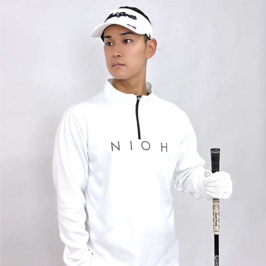 メンズ エアライトログジップロングスリーブモックネックシャツ / ホワイト