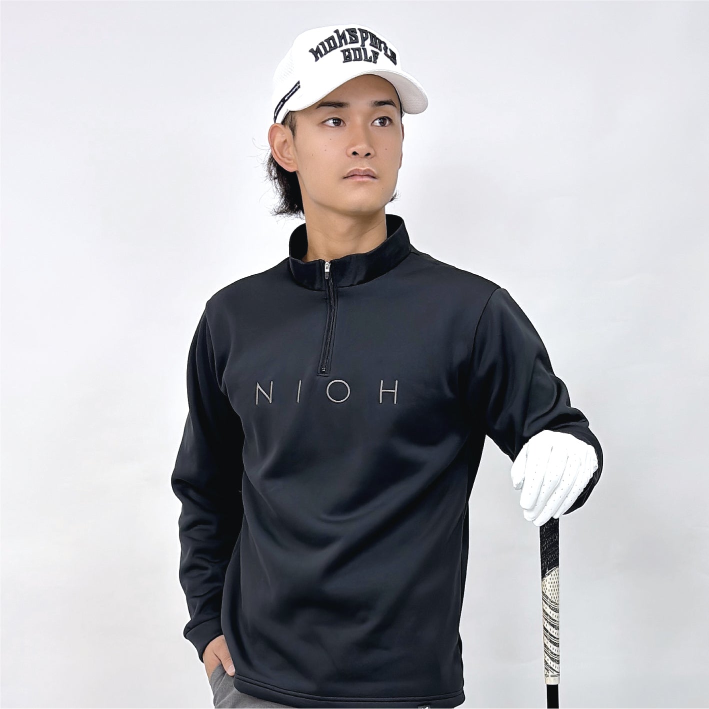 メンズ エアライトログジップロングスリーブモックネックシャツ / ブラック