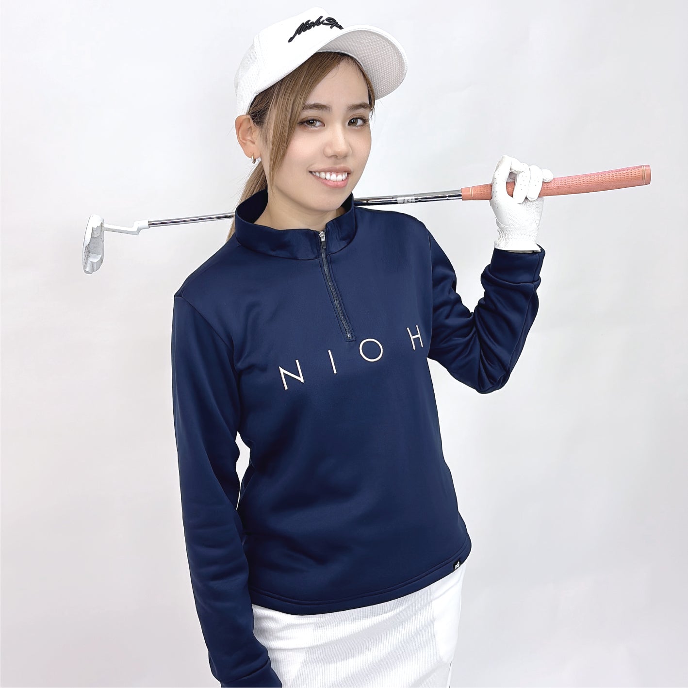 レディース エアライトログジップロングスリーブモックネックシャツ / ネイビー