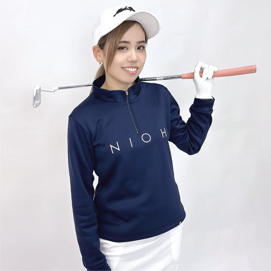 レディース エアライトログジップロングスリーブモックネックシャツ / ネイビー