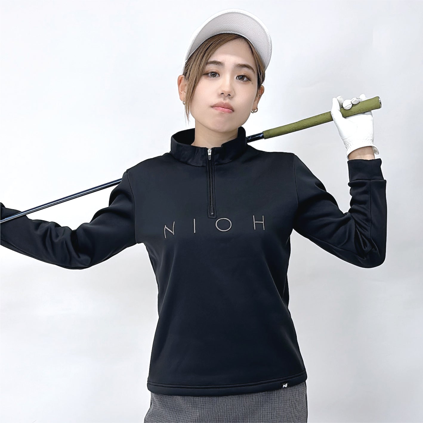 レディース エアライトログジップロングスリーブモックネックシャツ / ブラック