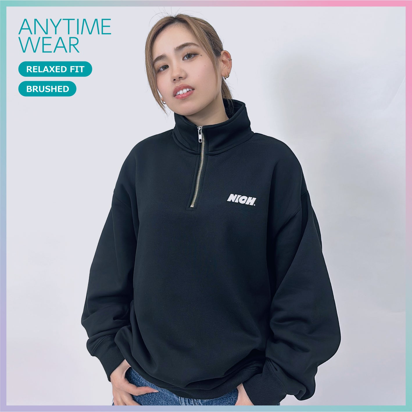 【裏起毛】リラックスフィットハーフジップスウェット　/　ブラック