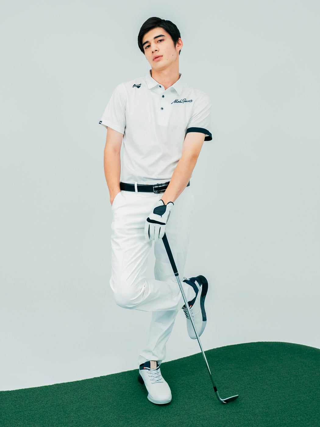 【お求めやすい価格になりました】メンズメッシュロゴゴルフ半袖ポロシャツ-ホワイト