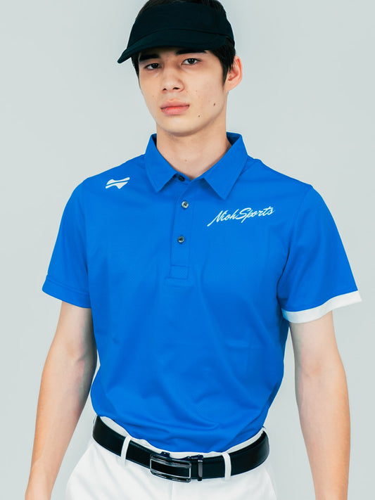 【お求めやすい価格になりました】メンズメッシュロゴゴルフ半袖ポロシャツ-ブルー